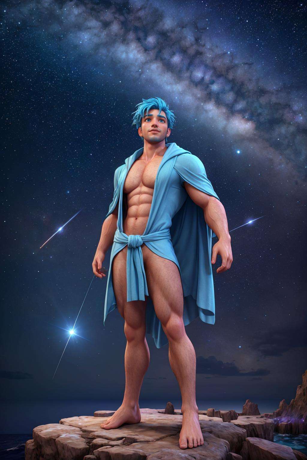 1boy, gorgeous, delicate, blue hair, wearing intricate light blue robe, barefoot, looking up into sky, standing in the middle of the ocean, beautiful aquamarine eyes, sky is galaxy and stars, shooting meteorites, longing, galaxy, nebula, milky way, dynamic pose, bright and vibrant night sky, close up, best quality, masterpiece, highly detailed, realistic, (detailed background), depth of field, soft focus, intricate details, 8k, cartoon, 3d, photo of a man,