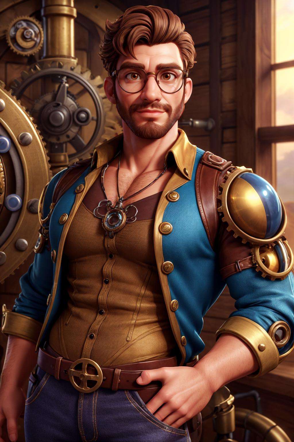 wearing intricate steampunk style fantasy clothes, (steampunk fantasy city), sky, brown hair, facial hair, upper body, brass cogs and gears, glasses, looking at viewer, shirt, pants, science fiction, face portrait, (close up:1.1), pectorals, abs, best quality, masterpiece, highly detailed, realistic, (detailed background), depth of field, soft focus, intricate details, 8k, cartoon, 3d, photo of a man,