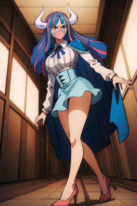 HDR, RAW image, High Quality,(masterpiece, best quality:1.4), cinematic light, colorful, high contrast, (1girl), UltiOP, onepieceanime, ((large breasts)), streaked hair, multicolored hair, long hair, blue hair, pink hair, bangs, horns, blue skirt, high-waist skirt, white shirt, long sleeves, blue cape, indoors, angry, red heels, <lora:UltiOP_NAI_v1-1:1>