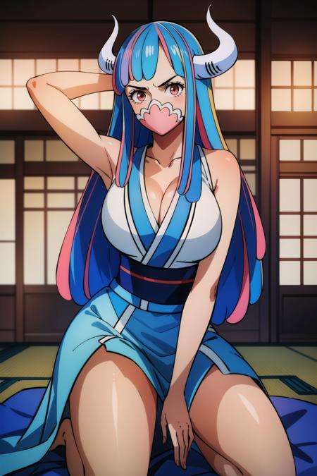 HDR, RAW image, High Quality,(masterpiece, best quality:1.4), cinematic light, colorful, high contrast, (1girl), UltiOP, onepieceanime, ((large breasts)), cleavage, streaked hair, multicolored hair, long hair, blue hair, pink hair, bangs, horns, white kimono, sleeveless, short kimono, japanese clothes, <lora:UltiOP_NAI_v1-1:1>, arms up, kneeling