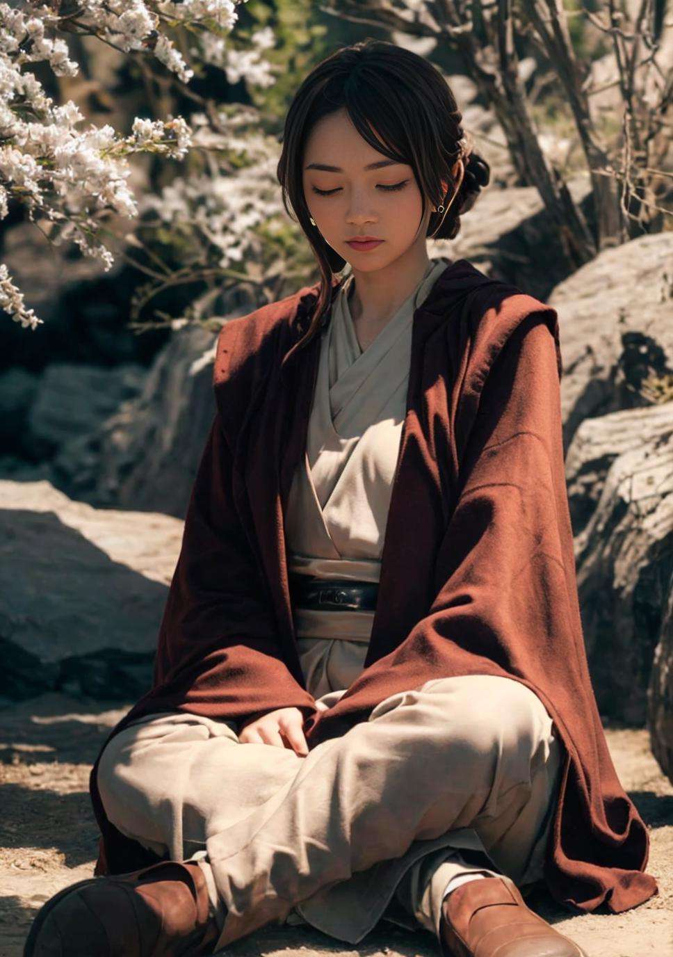 (Jedi meditation:1.3), serene photo,1girl, Jedi master in deep meditation,  in jedioutfit, sitting cross-legged,  (desert oasis:1.1), surrounded by blooming desert flowers, harmonizing with the Force, spiritual retreat, transcendent tranquility, desert enlightenment,  Absurdres, hdr, ultra detailed illustration, extremely detailed face, RAW photo, film grain, skin pores, trending on deviantart <lora:jedioutfit:1> <lora:epiNoiseoffset_v2:1> 