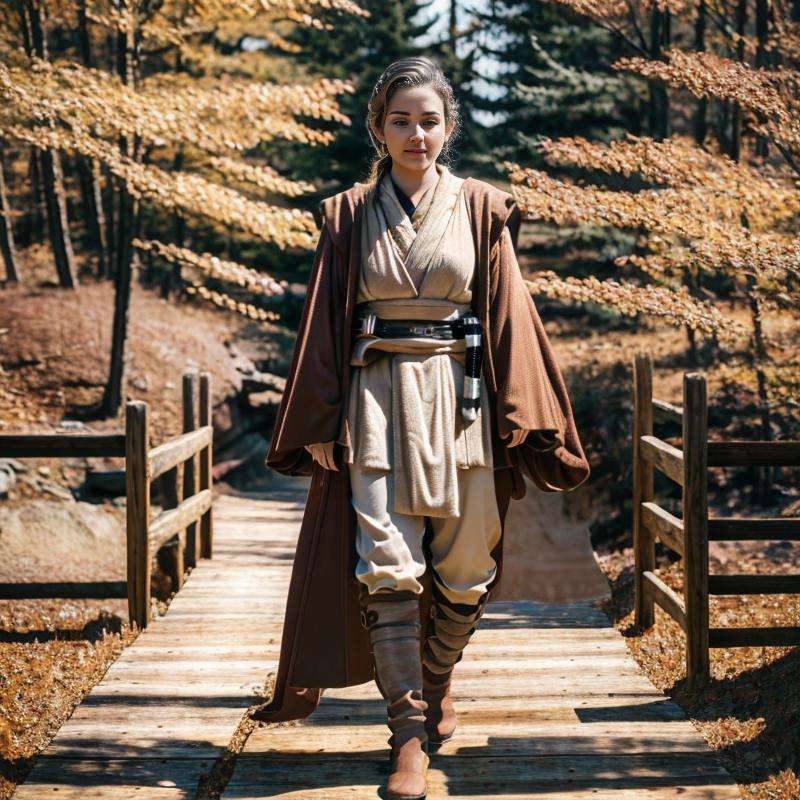 woman in jedioutfit is crossing a wooden bridge<lora:jedioutfit:1> ,RAW photo, 8k uhd, dslr, soft lighting, high quality, film grain, Fujifilm XT3,8k HD high definition detailed realistic, hyper detailed,higly detailed face,higly detailed hands