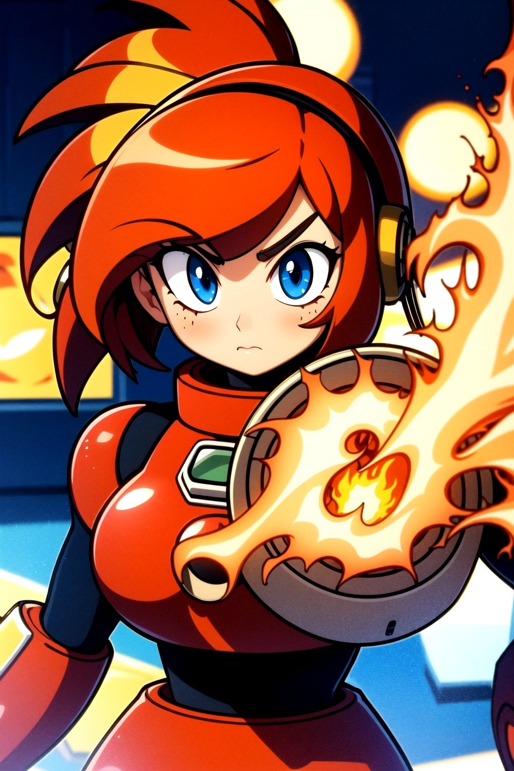 centered, digital art, upper body, (beautiful detailed eyes:1.2), | solo, woman, wearing the red cybernetic armor with orange parts of Fire Woman, tight bodysuit, red hair, spkey hair, bangs, blue eyes, muscular proportions, | in a dungeon made all of metal, | bokeh , depth of field,Robot_Master
