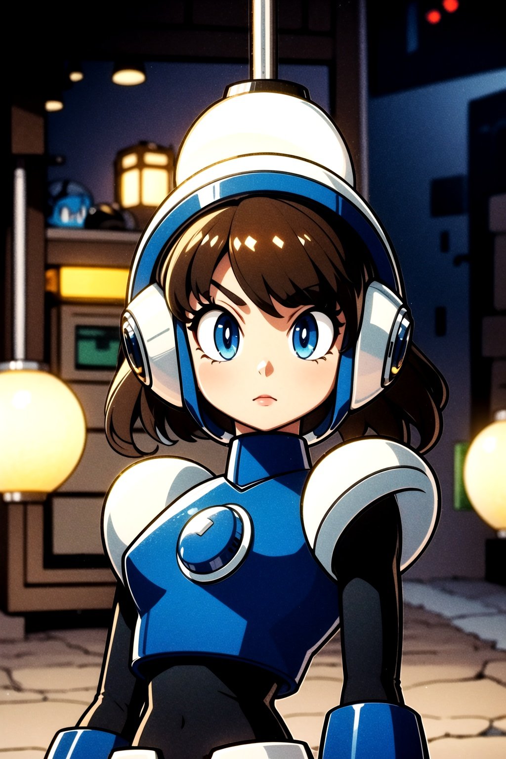 centered, digital art, upper body, (beautiful detailed eyes:1.2), | solo, woman, wearing the blue cybernetic armor with black parts of Megaman-X, tight bodysuit, brown hair, short hair, bangs, blue eyes, muscular proportions, | in a dungeon made all of metal, | bokeh , depth of field, | Megaman-X,Robot_Master