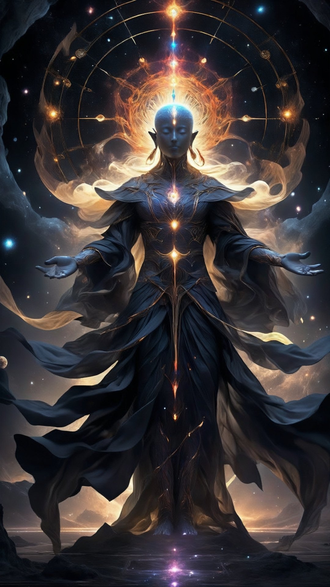 (Conceptualized, Fantasy style: 1.5) High color, the human form is surrounded by darkness, creating a contemplative atmosphere. It is as if the viewer is in some mystical ritual or transcendent situation, connecting with the mysteries of the universe