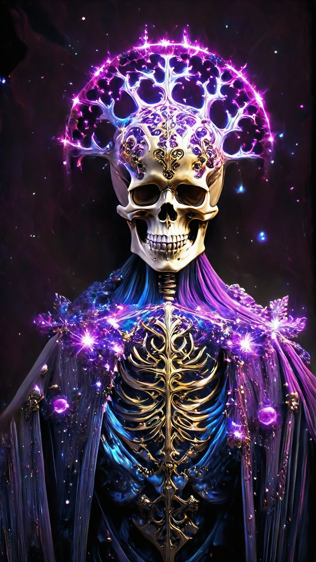 (Concept Style: 1.5) Golden Crown, Invincibility, Demon King Skeleton, Scepter, Intricate Details (Fractal Art: 1.5) (Premium Colors: 1.5) Concept Virtual Demon King Skeleton with supernatural energy surrounding him, transparent light runes clothing and cloak, Let him become a transcendent existence, exuding powerful supernatural energy, presenting a complete mysterious, extraordinary and powerful image