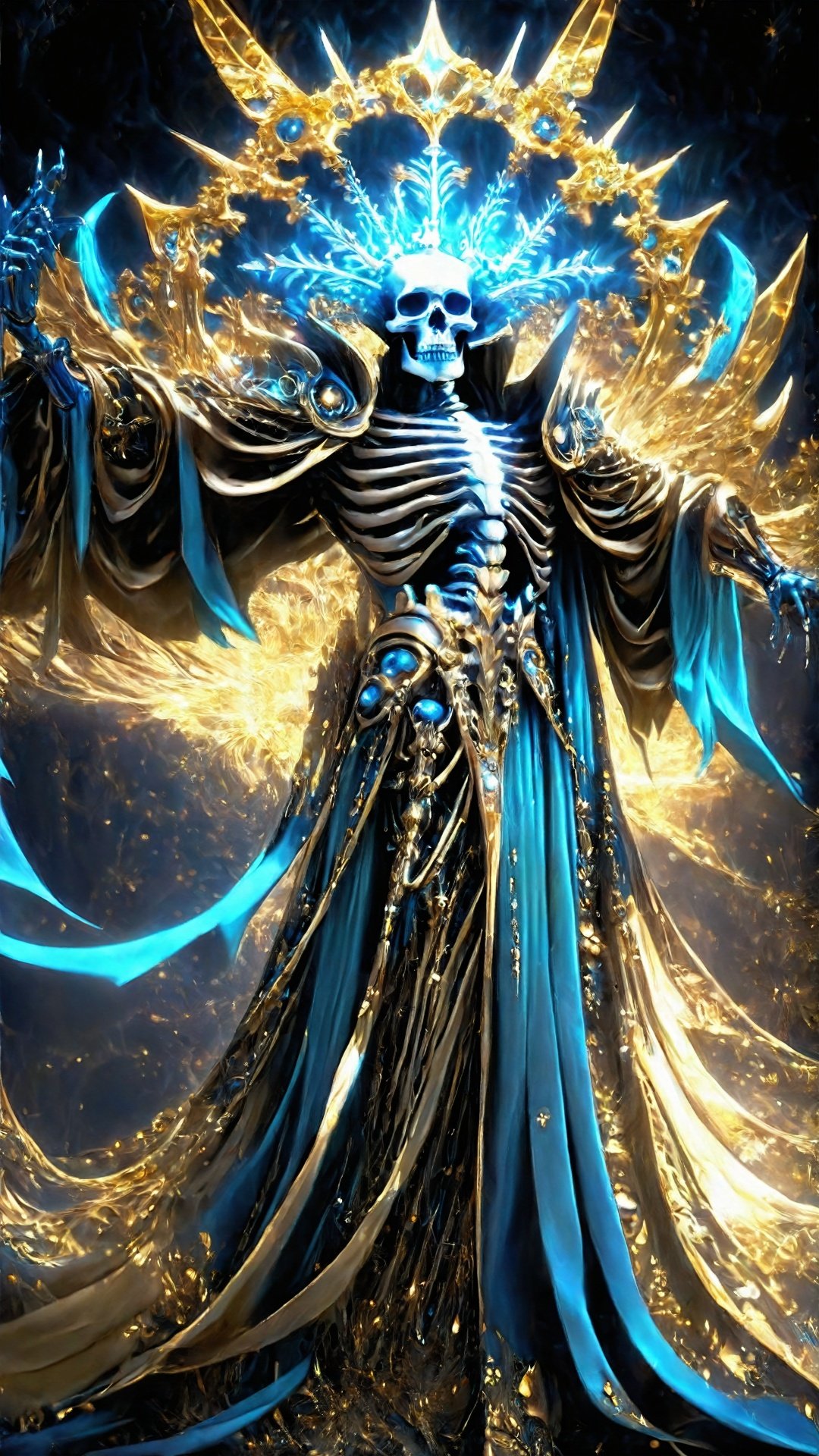 (Concept Style: 1.5) Golden Crown, Invincibility, Fantasy Demon King Skeleton, Scepter, Intricate Details (Fractal Art: 1.5) (Premium Color: 1.5) Concept Virtual Fantasy Demon King Beast Skeleton Supernatural energy surrounds him, Translucent Light Runes The clothes and cloak make him a transcendent being, exuding powerful supernatural energy, presenting a complete mysterious, extraordinary and powerful image.