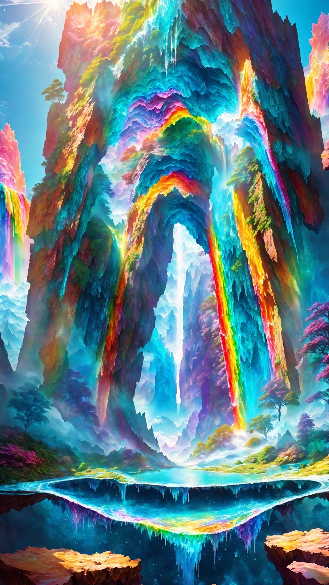  (Fantasy style: 1.5) Object perspective, changing colors (fantasy architectural world) Hyper-realistic style (intricate details) Colorful water flows between the mountain peaks, forming a magnificent waterfall. The water of the waterfall is like a liquid rainbow, flowing down from the top of the mountain, embellishing the entire mountain range into a gorgeous fantasy scene