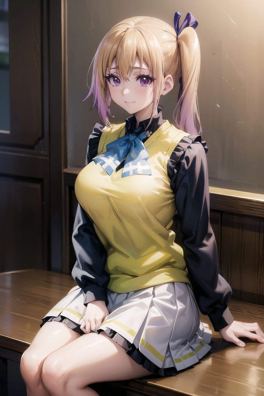 kawasaki_mai, 1girl, solo, long hair, side ponytail, purple eyes,  ribbon,  blonde hair, school uniform, yellow sweater vest, white skirt,   <lora:mai-20:1>, standing, facing viewer, , looking at viewer,  mole, large breasts, smile, blush, sitting, crossed legs, 