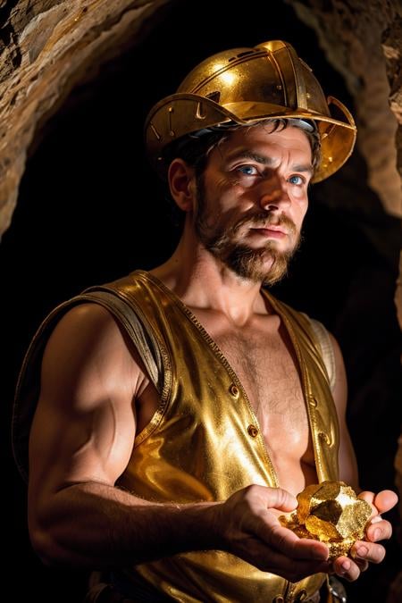 photo RAW,(17th century,close-up miner holding a gold nugget, cave), masterpiece, award winning photography, lighting, perfect composition, high detail, hyper realistic,dramatic lighting, epic