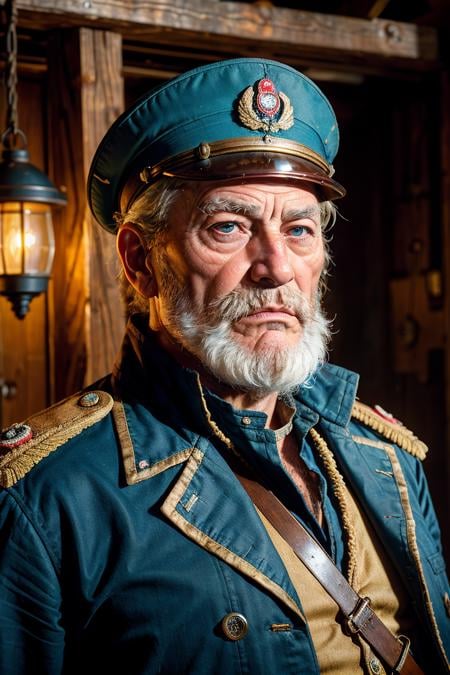 photo RAW,(old school salty sea dog chief engineer that looks worn out. Wearing epaulets and uniform all stained with oil), masterpiece, award winning photography, lighting, perfect composition, high detail, hyper realistic,dramatic lighting, epic