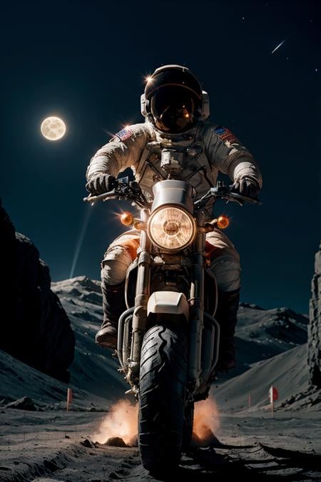 photo RAW,(Astronaut riding a motorcycle on Moon), masterpiece, award winning photography, lighting, perfect composition, high detail, hyper realistic,dramatic lighting, epic