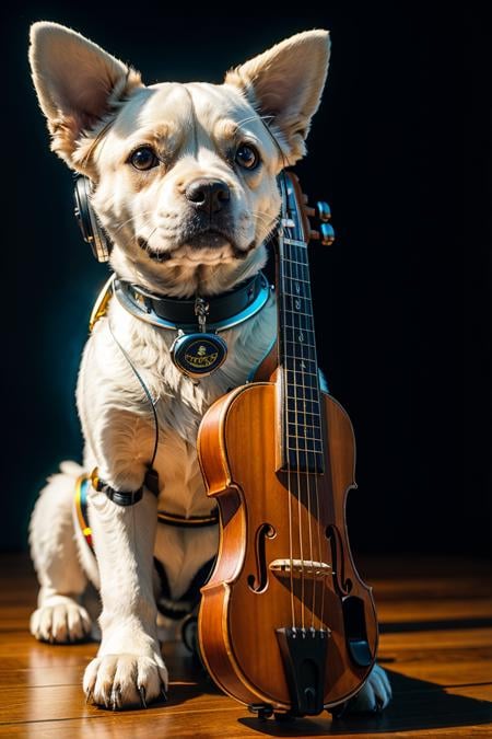 Robot dog playing a musical instrument, RAW photo, full sharp, (FullHD epic wallpaper) 8k uhd, dslr, soft lighting, high quality, film grain, Fujifilm XT3