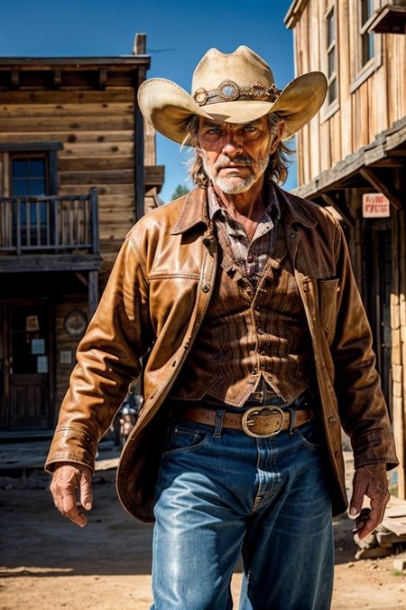 photo RAW,(Old cowboy in an old Western town), masterpiece, award winning photography, lighting, perfect composition, high detail, hyper realistic,dramatic lighting, epic