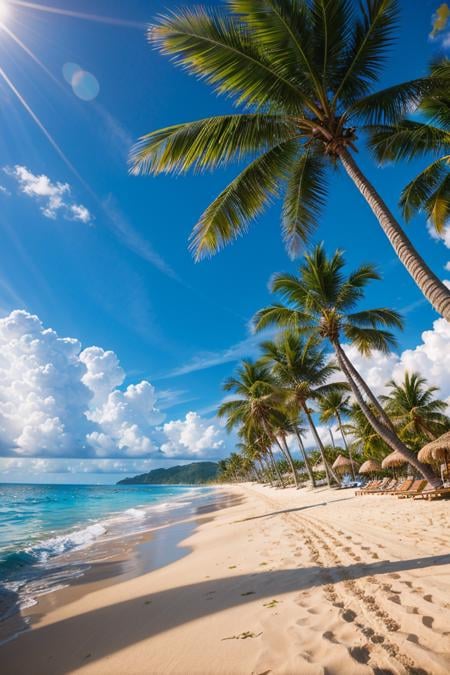 gorgeous vacation beach with yellow sand, blue watter, and palm trees, RAW photo, full sharp, (FullHD epic wallpaper) 8k uhd, dslr, soft lighting, high quality, film grain, Fujifilm XT3