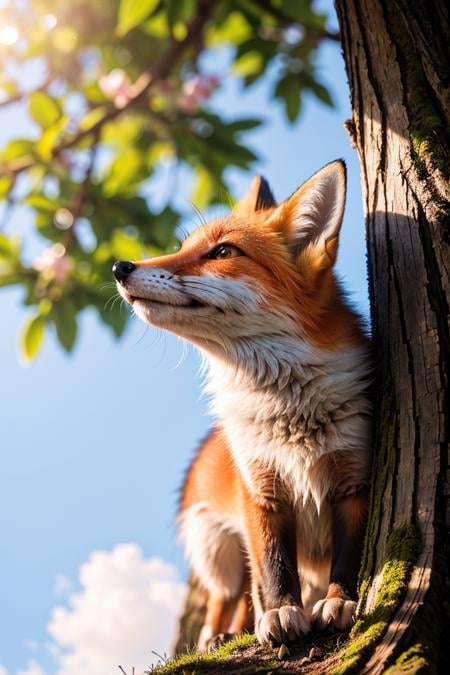 photo RAW,(Little fox looking up at a colourful tree, nature, drawn, cute), masterpiece, award winning photography, lighting, perfect composition, high detail, hyper realistic,dramatic lighting, epic, (natural colors, correct white balance, color correction, dehaze,clarity)