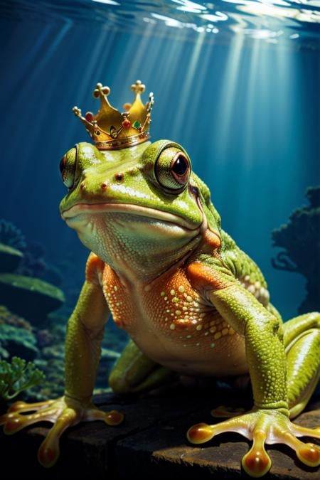 photo RAW,(underwater, Frog wearing a crown), masterpiece, award winning photography, lighting, perfect composition, high detail, hyper realistic,dramatic lighting, epic