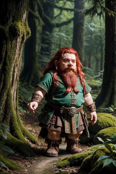 photo RAW,(dwarf, cliric, red haire a magical forest, realistic, extremely detailed, intricate, best quality, masterpiece, detailed background), masterpiece, award winning photography, lighting, perfect composition, high detail, hyper realistic,dramatic lighting, epic