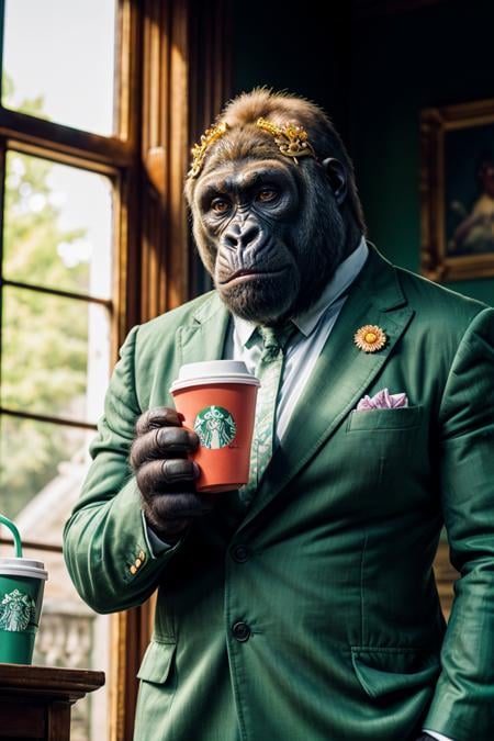 photo RAW,(Gorilla wearing green suit, gorilla is a king guard palace buckingham, standing back to us, realistic ,8k, gorilla drinking a starbucks cup of coffee), masterpiece, award winning photography, lighting, perfect composition, high detail, hyper realistic,dramatic lighting, epic, (natural colors, correct white balance, color correction, dehaze,clarity)