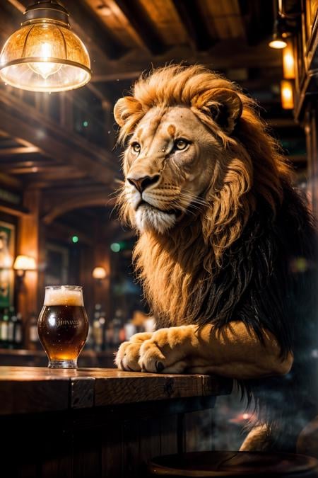 photo RAW,((close-up:1.3) a lion, on A classic, vintage Irish pub with wooden bar stools and Guinness on tap, nature, (natural elements), (particle effects),glow sprite, with a glowing), masterpiece, award winning photography, lighting, perfect composition, high detail, hyper realistic,dramatic lighting, epic