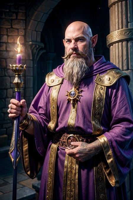 photo RAW,(Warcraft style bust of fantasy male wizard, middle-aged, slim, bald head, mid-length grey beard, purple robes with gold detail, standing in a magical tower), masterpiece, award winning photography, lighting, perfect composition, high detail, hyper realistic,dramatic lighting, epic