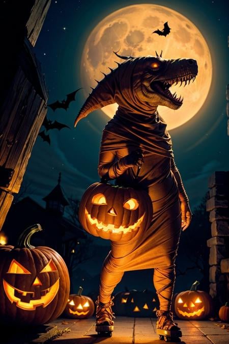 photo RAW,(In this super cool Halloween pic, a T-Rex called "Mummy Rex" is totally ready to party! Mummy Rex is all wrapped up like a mummy, and it's riding a skateboard like a pro. Mummy Rex is holding a pumpkin-shaped trick-or-treat basket that's as orange as can be. It's got funny faces on it and is super excited to fill it up with yummy treats. The night is lit up by a big, bright moon, and there are glowing jack-o'-lanterns everywhere. It's going to be an awesome Halloween adventure for kids and adults alike ), masterpiece, award winning photography, lighting, perfect composition, high detail, hyper realistic,dramatic lighting, epic