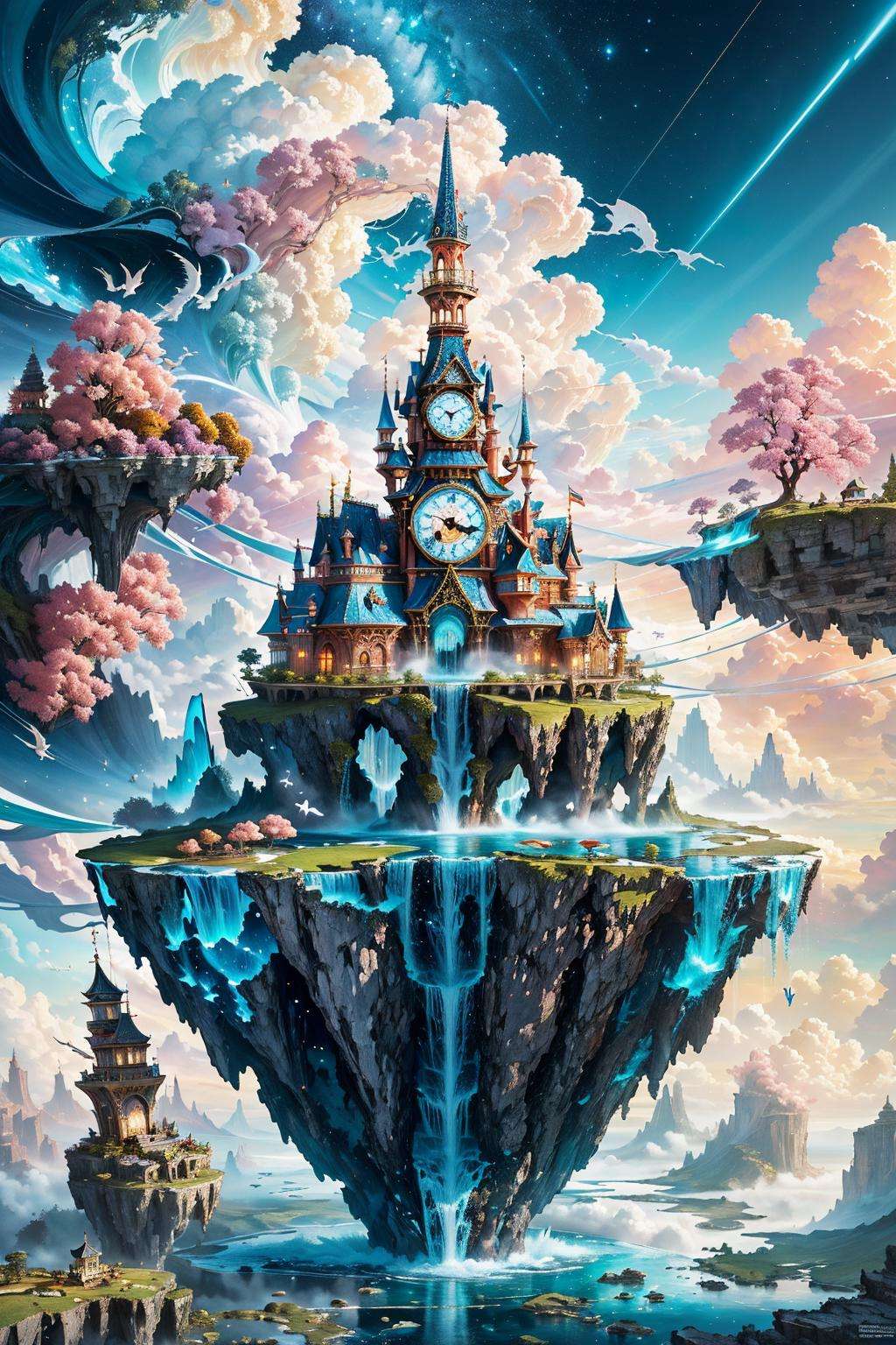 clock_realm,clock,((masterpiece)),((best quality)),8k,high detailed,ultra-detailed,illustration,concept art,fantasy,a floating island,candy tree,porcelain house, (floating waterfalls:1.1),(floating islands in the sky:1.2),magical creatures,capturing the otherworldly beauty of a floating fantasy realm,<lora:ClockRealm:1>,