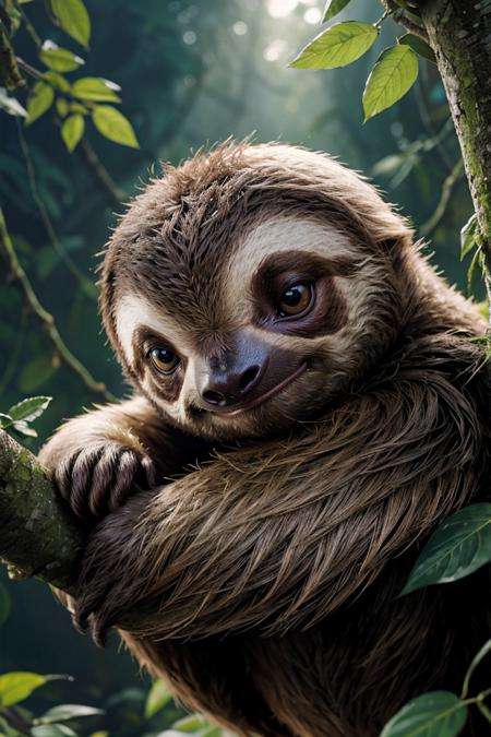 photo RAW,(Baby sloth, hyper detail, cinematic lighting, night , exterior, jungle, trees, vines, grass, river, portrait, hyper detailed, intricate, extremely beautiful, cinematic , photo realistic, rich colours, dark shadows,),masterpiece, best quality, highly detailed, soft lighting, beautiful detailed, insanely intricate details, intricate details, perfect lighting, incredible detail, hypermaximalistic, natural balance color, 8k, ultra detailed, beautiful and aesthetic, extremely detailed,  elegant, vivid colours, atmospheric