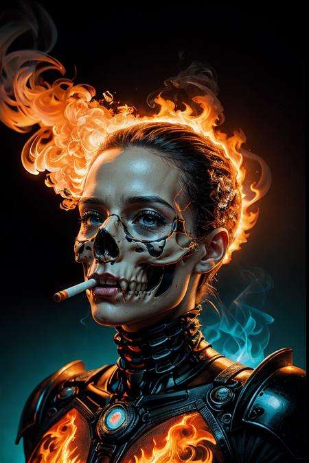 a painting of a skeleton smoking a cigarette, digital art, by Dan Mumford, behance contest winner, psychedelic art, dress made of fire, cyan and orange palette. vivid, andrew tate, his head is a skull, burning clouds, woman made of black flames, popular on behance, fractal insane, portrait of professor sinister, bright blue future, icon for an ai app, RAW photo, full sharp, (FullHD epic wallpaper) 8k uhd, dslr, soft lighting, high quality, film grain, Fujifilm XT3