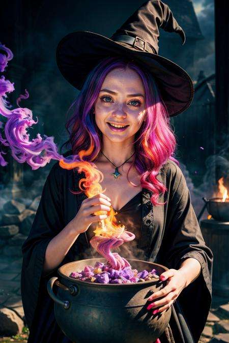 photo RAW,(witch, CAULDRON, cute, happy, vibrant, colorful, purple smokes and particles), masterpiece, award winning photography, natural light, perfect composition, high detail, hyper realistic