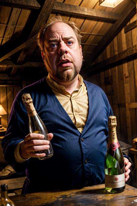 photo RAW,(a yellowish transparent ghost holds a bottle of champagne in an attic room. he looks like a medieval paul giamatti. he is sneering. realistic painting), masterpiece, award winning photography, lighting, perfect composition, high detail, hyper realistic,dramatic lighting, epic, Burgundy and dark_blue colors