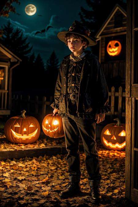 Creepy vintage Halloween A teenage Boy, . Jack-o-lanterns, trick or treaters, creepy costumes, fall leaves, RAW photo, full sharp, (FullHD epic wallpaper) 8k uhd, dslr, soft lighting, high quality, film grain, Fujifilm XT3