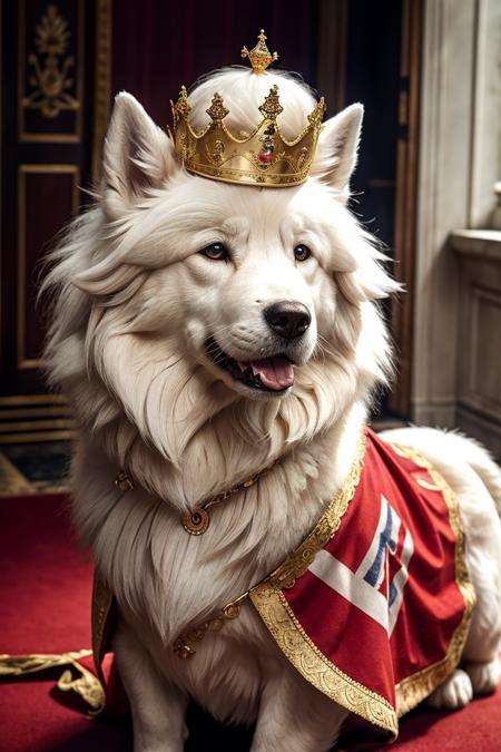 Samoyed wearing an English dress with a British crown on his head, ,RAW,photographic,photo shadows,realistic,absurdres,aesthetic,elegant