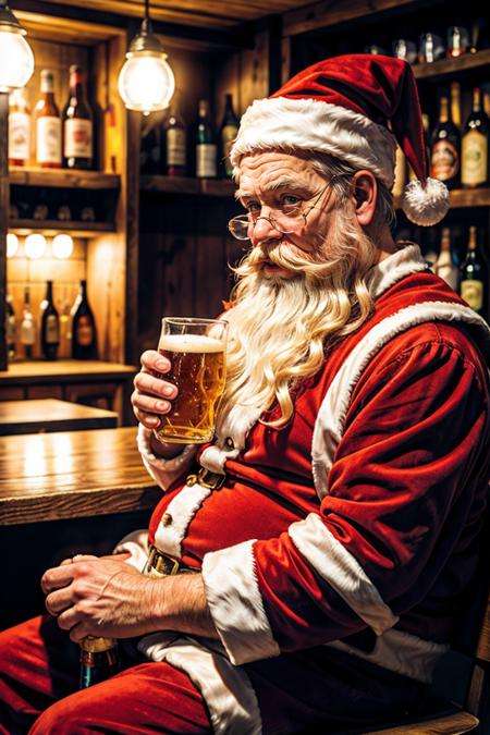 photo RAW,(Santa Claus sits in a beer bar), masterpiece, award winning photography, natural light, perfect composition, high detail, hyper realistic