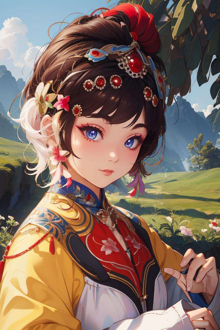 ((masterpiece)), ((best quality)), 8k, high detailed, ultra-detailed,1girl, solo, xifu, danjue, huashan, <lora:Newxifu:0.7>, landscape background,