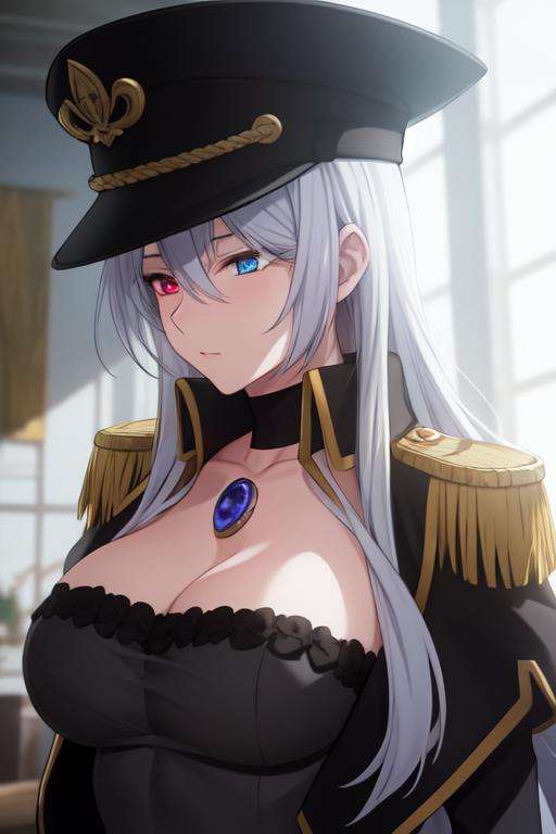 ((extreme detail)),(ultra-detailed), extremely detailed CG unity 8k wallpaper, <lora:BlackLobelia:0.7>black lobelia, heterochromia, anime screencap, military hat, military jacket, leotard dress, black gem, from side, upper body, looking down, looking away, window, sunlight, blurry background