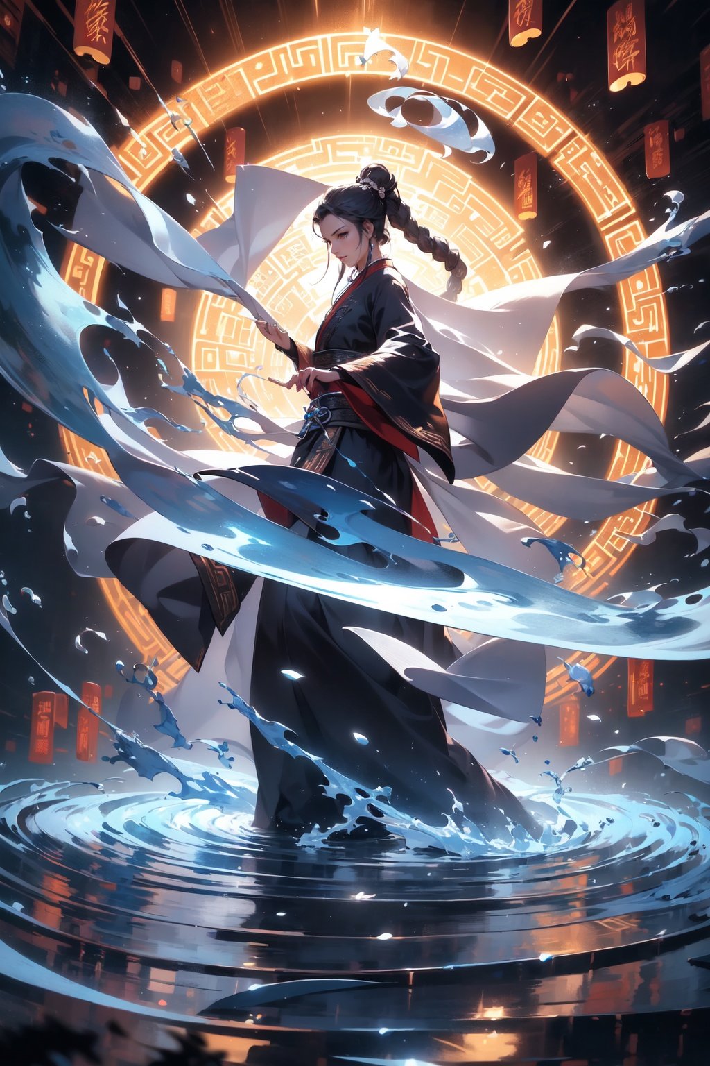 A girl dressed in an ancient mage uniform, Hanfu, handsome, with gestures forming spells, martial arts and fairy tale atmosphere, carrying a sky filled with water vapor, game characters, water waves, surrounded by rotating transparent long scrolls, vertically displaying Chinese characters, magical realism, dynamic action style, magical formation, the highest quality, masterpiece, cg, hdr, high-definition, ultimate details, detail face, superhero, hero, detail ultra high-definition, VFX, 3D rendering,