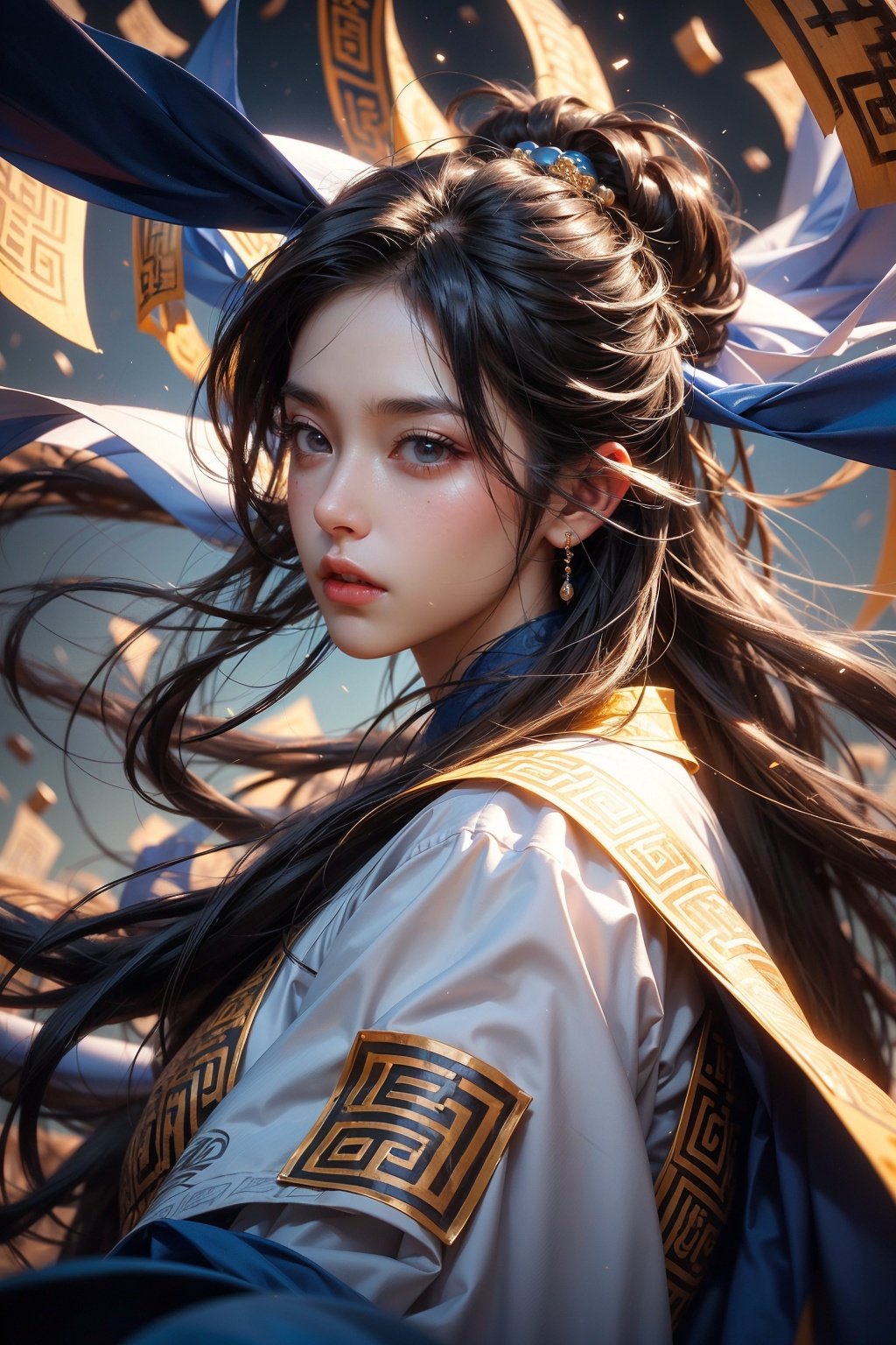 (Low angle shooting, ultra wide angle shooting), a girl in Hanfu stands in the air, surrounded by golden runes, black hair, long hair, messy hair, (facial focus), exquisite eyebrows, beautiful facial features, (upper body close-up photo: 1.2), sparkling runes, blue Hanfu, (surrounded by rotating long rolls: 1.2), best image quality, 3D rendering, looking up, ultra wide angle, fish eyes, Lens focus, ultra realistic and detailed, high detail texture, ultra high quality, 16k