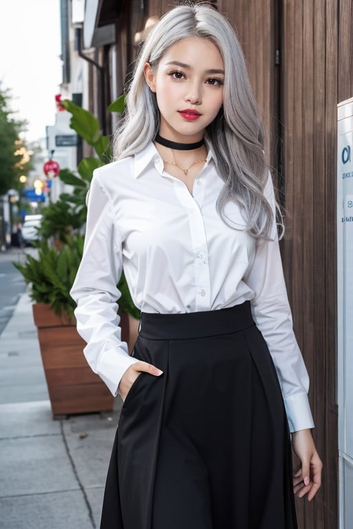 <lora:MAJIXX-形象照:0.7>,majixx,adorable_girl,spider-man,slender,oval face,silver hair,lipstick,mascara,anime_style_blush,big breasts,slender_waist,school_uniform,choker,:d,hands_on_hips,highres,absurdres,incredibly absurdres,wallpaper,realistic,Cinematic Lighting,photo_(medium),fantasy,golden hour lighting,