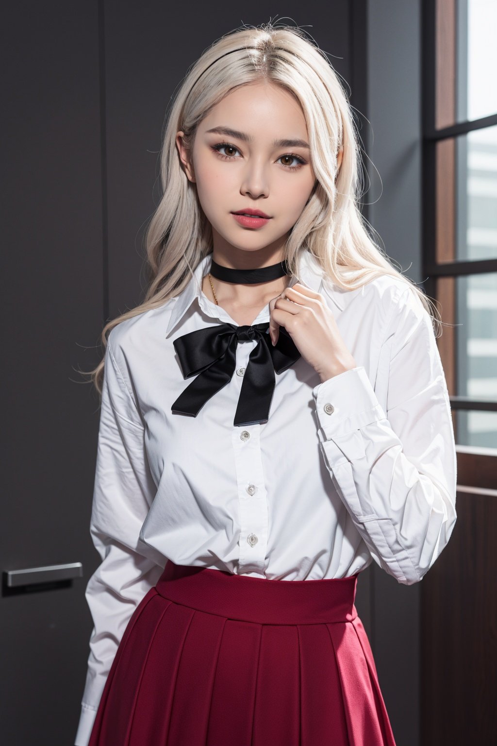 <lora:MAJIXX-形象照:0.7>,majixx,adorable_girl,spider-man,slender,oval face,silver hair,lipstick,mascara,anime_style_blush,big breasts,slender_waist,school_uniform,choker,:d,hands_on_hips,highres,absurdres,incredibly absurdres,wallpaper,realistic,Cinematic Lighting,photo_(medium),fantasy,golden hour lighting,