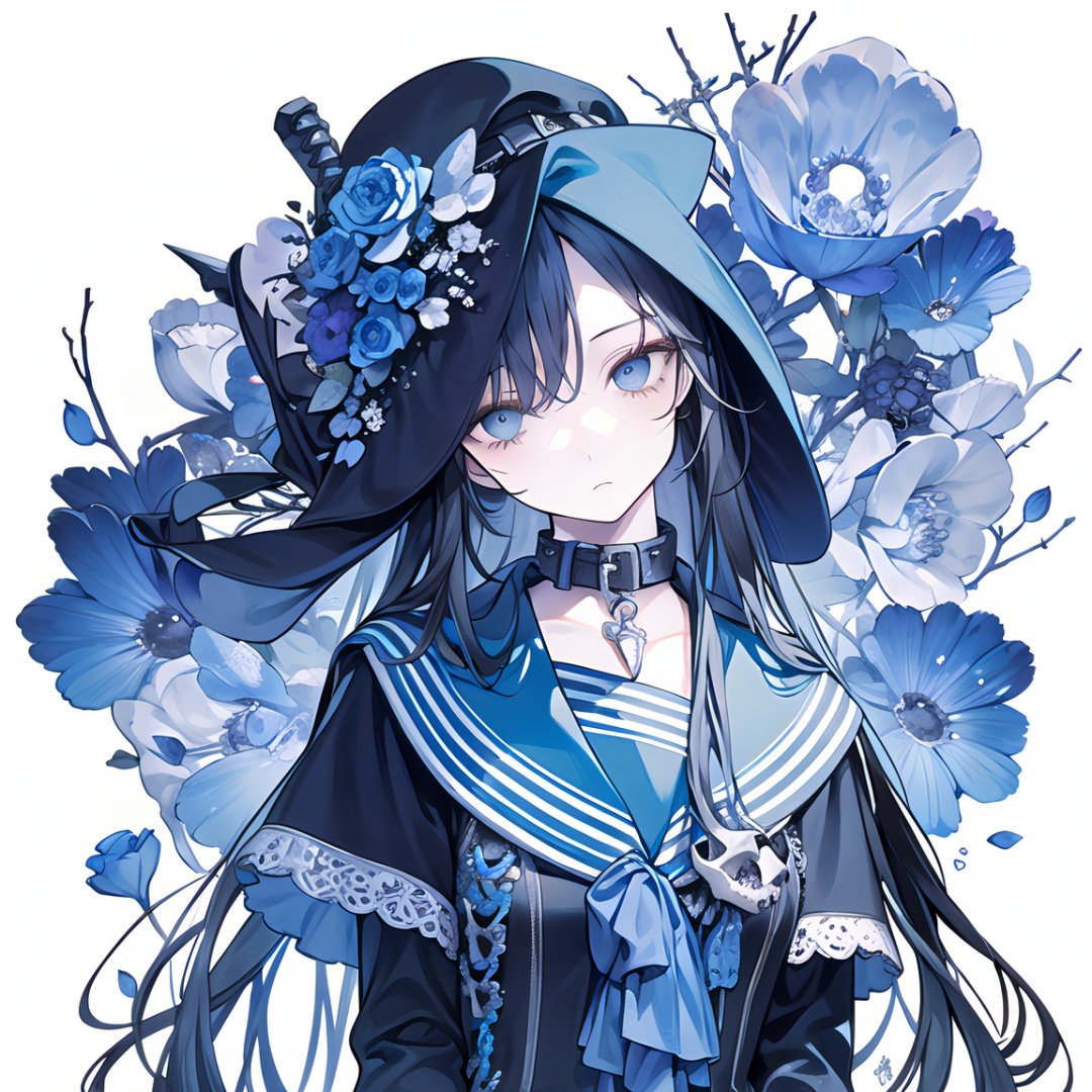 (official art,unity 8k wallpaper,ultra detailed,High quality,best quality),(zentangle, mandala, tangle, entangle:0.6),(blue black),flat color,limited palette,low contrast,(1girl:1.5),solo,serafuku,long straight black hair,lycoris flower,(goat skull:1),(horror),(gloomy),(blue pigment:1.33),(hollow eyes:1),(expressionless eyes:1.3),cowboy shot, <lora:demon:0.8>,demon girl, 