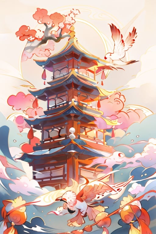 there is a painting of a bird flying over a pagoda, digital painting of a pagoda, a beautiful artwork illustration, temple background, inspired by Victo Ngai, oriental wallpaper, victo ngai! cmyk palette, background depicting a temple, jen bartel, zen temple background, wallpaper art, amazing wallpaper, detailed digital illustration, chinese watercolor style,