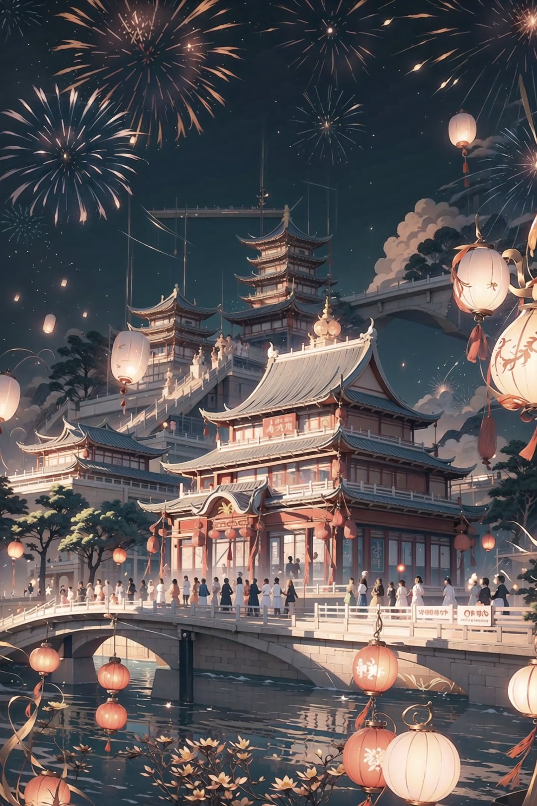 The best picture quality, best visual expression, complete structure, master work,In ancient China, Having a close and distant view,Chang'an Avenue, Sister Lantern, bustling street scene, and bright fireworks in the sky