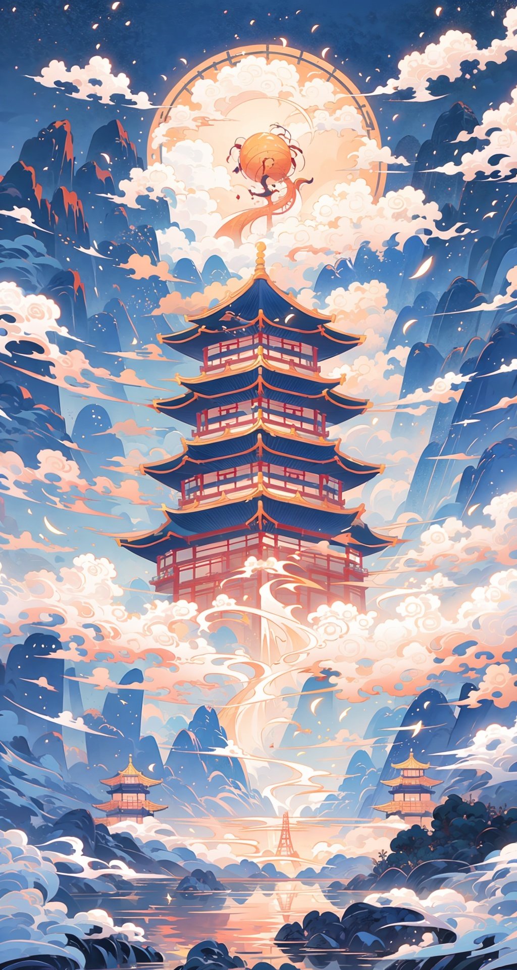 Chinese style,Yellow Crane Tower,The clouds are near the tower,on the sky,clouds,floating,The river runs through the town, The city,The Stars, （night：1.2）, waterfall,vermilion, yellow, high quality, 8k,feet101,feet,Chinese art,2D conceptual design,Clouds,guochao