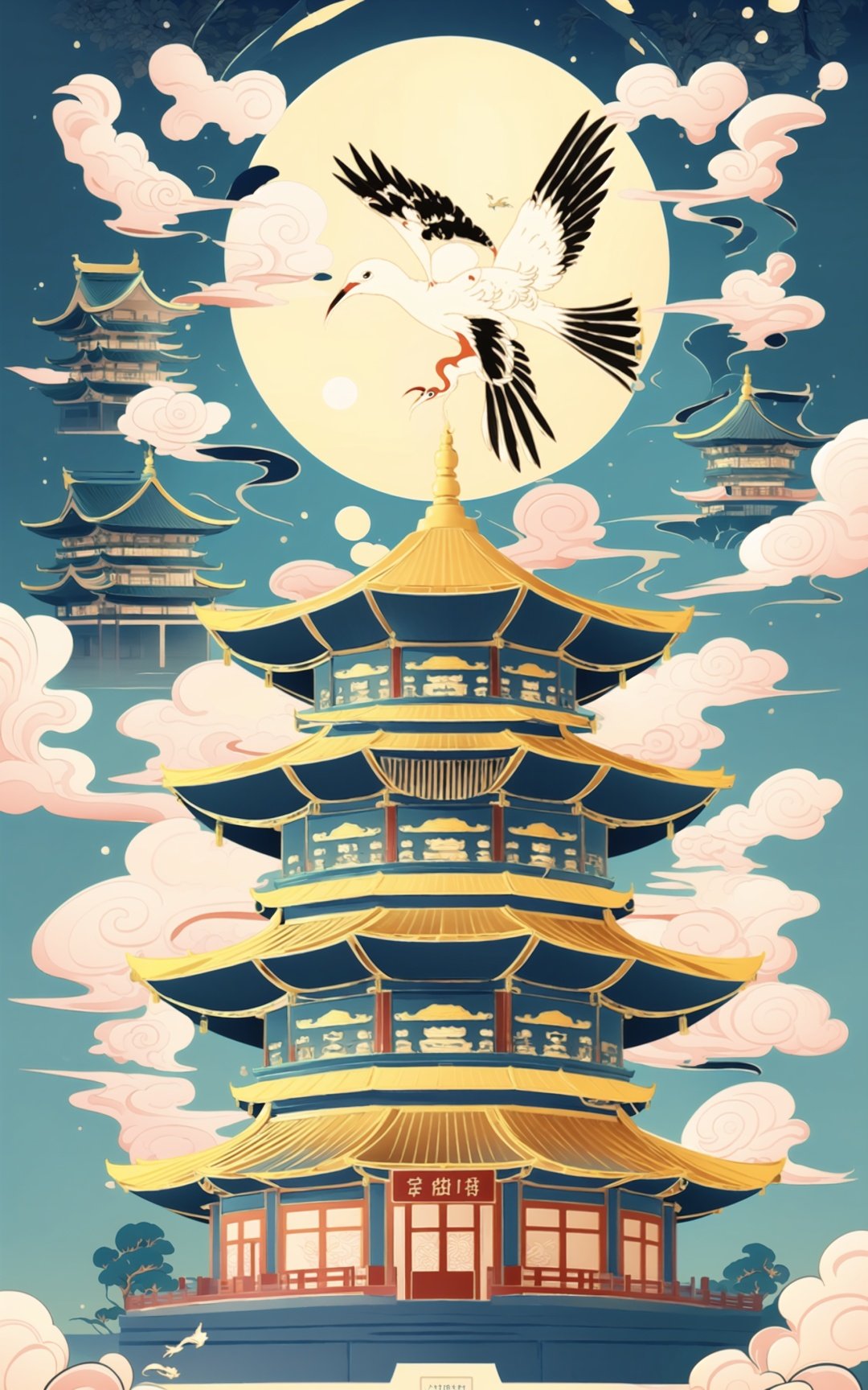 there is a painting of a bird flying over a pagoda, digital painting of a pagoda, a beautiful artwork illustration, temple background, inspired by Victo Ngai, oriental wallpaper, victo ngai! cmyk palette, background depicting a temple, jen bartel, zen temple background, wallpaper art, amazing wallpaper, detailed digital illustration, chinese watercolor style,