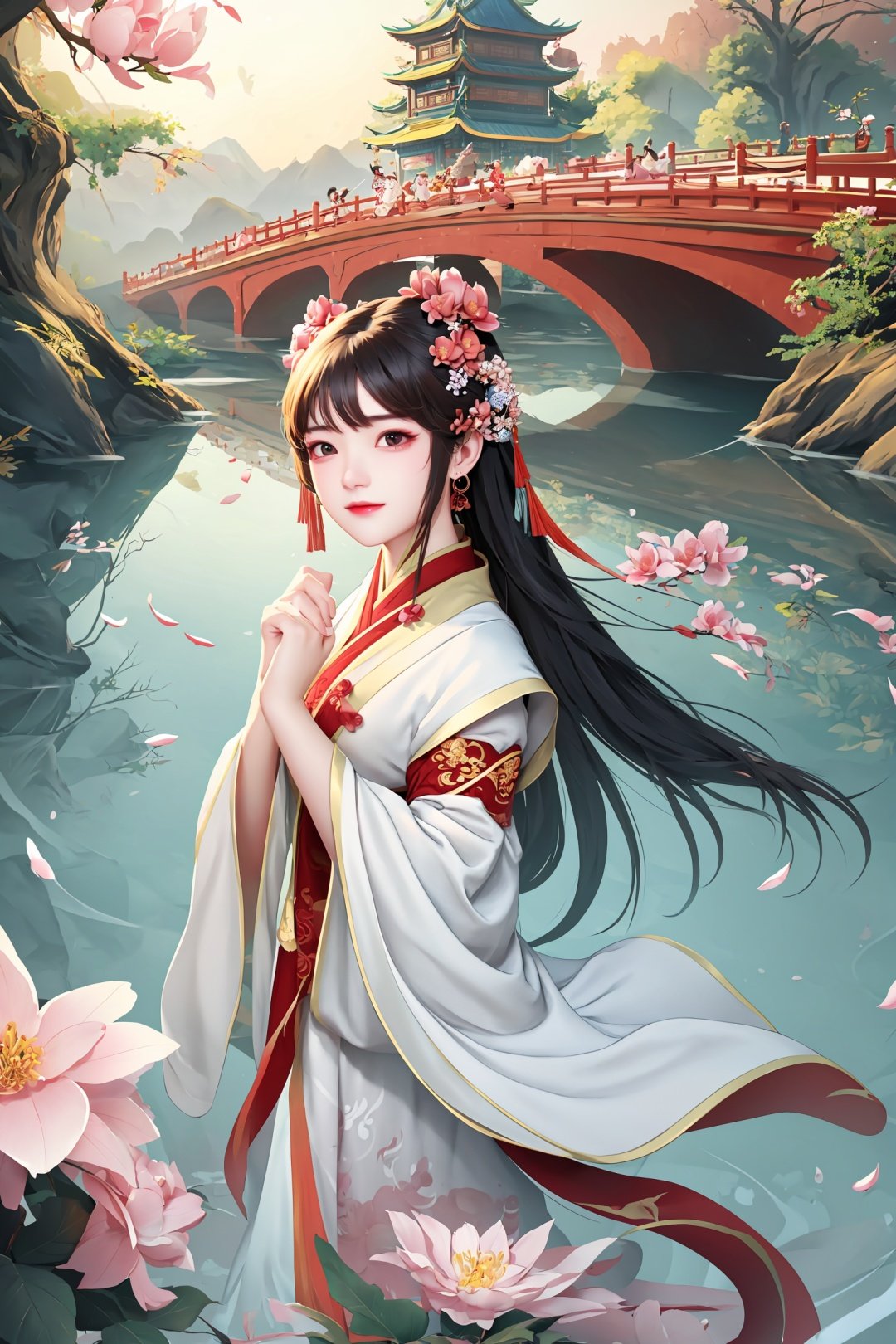 1girl,chinese style,flower,masterpiece,best quality,bridge,,guochao