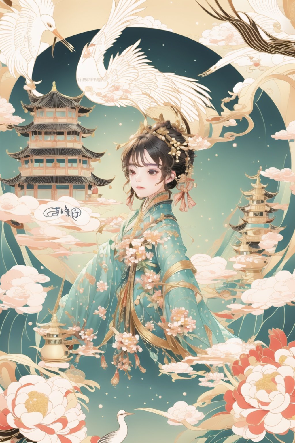 guochao, 1girl, solo, bird, chinese clothes, long sleeves, wide sleeves, holding, black hair, flower, dress, closed eyes, watermark, shawl, crane \(animal\)