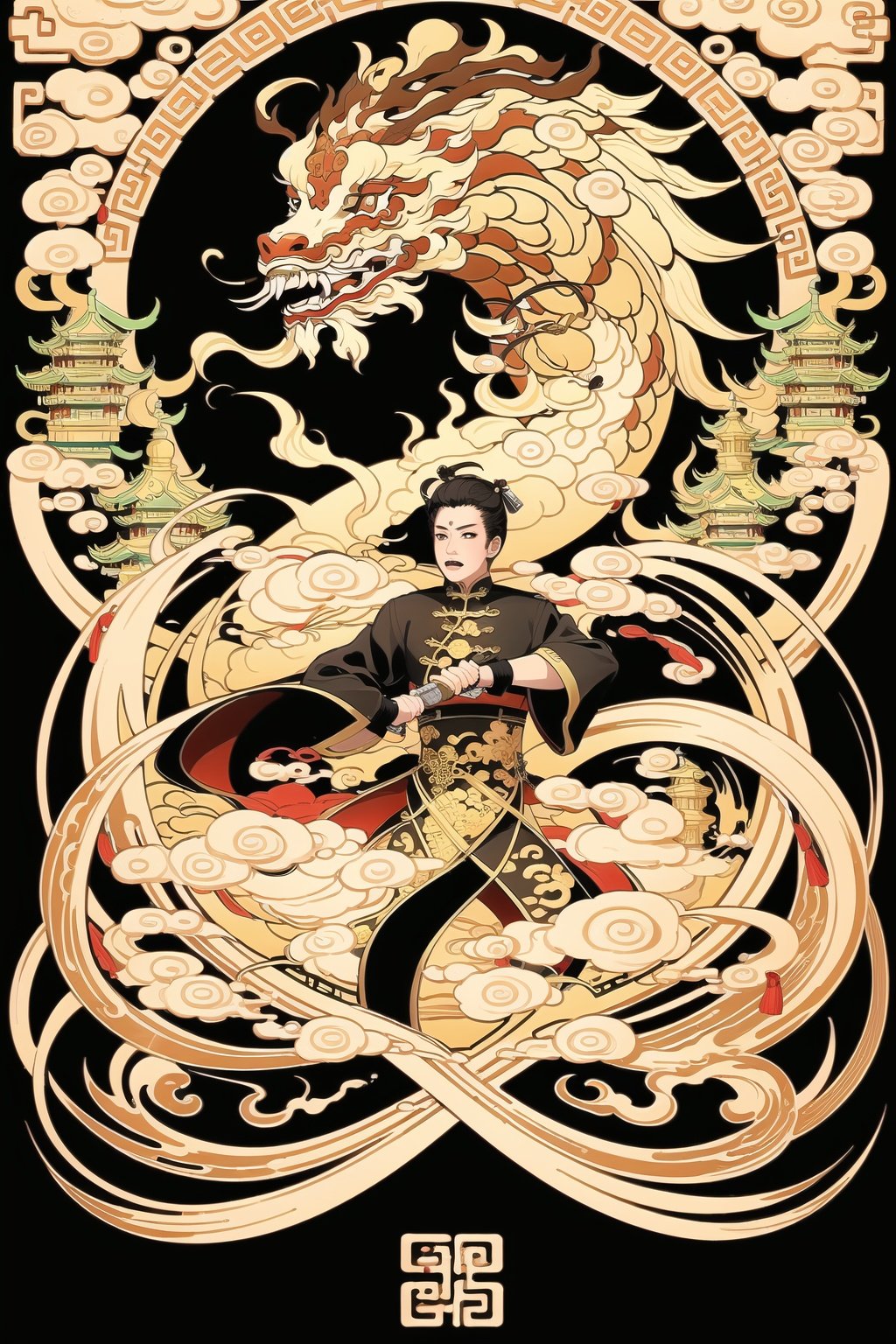 (Chinese gilding Style :1.5)(Chinese geographical characteristics) Hyperrealism, complex details, calligraphy scrolls, thousand hands, fractal art, martial arts, weapons, ink elements, charming light, evocative hues, advanced black and white art, Dramatic Light,
