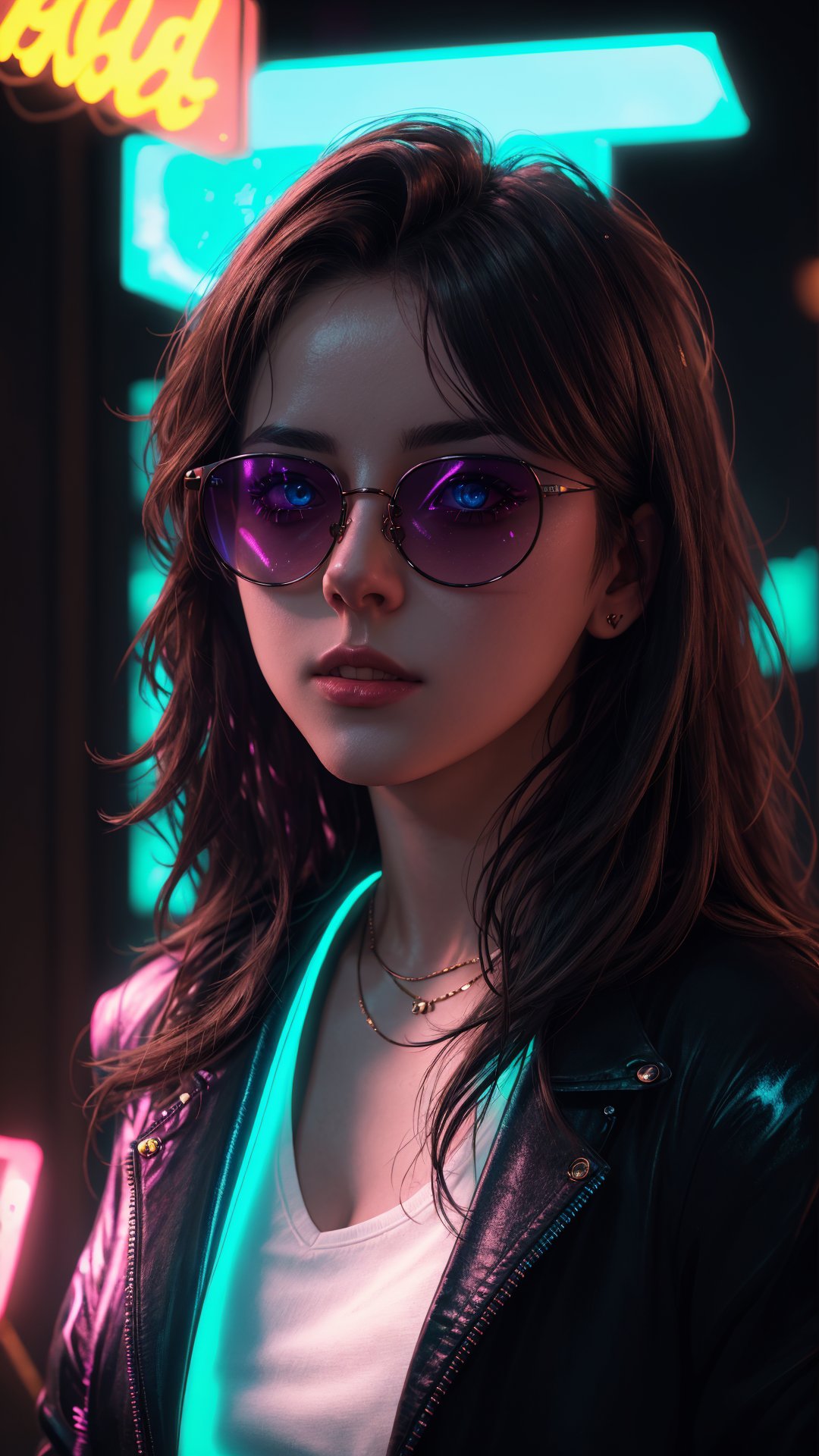 (highres,  realistic:1.2), portrait, beautiful face, gorgeous eyes, full lips, long dark hair, fashionable outfit, confident pose, stylish sunglasses, neon light, atmospheric cinematic background, vibrant colors, soft bokeh, artistic ambiance, subtle lighting, neon lighting