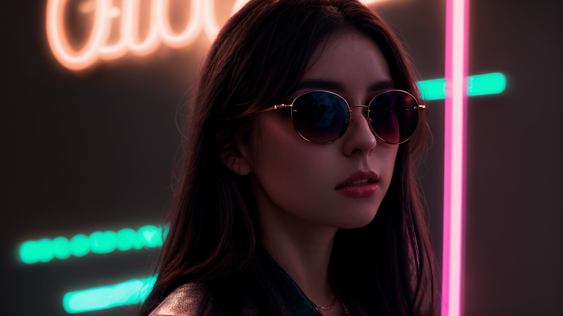 (highres,  realistic:1.2), portrait, beautiful face, gorgeous eyes, full lips, long dark hair, fashionable outfit, confident pose, stylish sunglasses, neon light, atmospheric cinematic background, vibrant colors, soft bokeh, artistic ambiance, subtle lighting, neon lighting